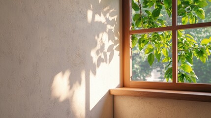 Serene Interior with Sunlight Streaming Through Window onto Leafy Shadows