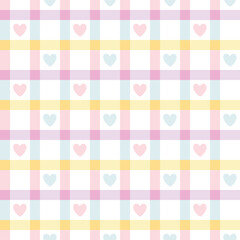 Gingham with cute hearts seamless vector pattern. Tartan check for tablecloths, napkins, clothes, packaging, for the Easter holiday. Cozy cute childish background in colorful rainbow palette.