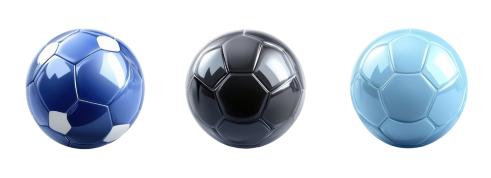 Three colorful soccer balls in vibrant shades displayed together