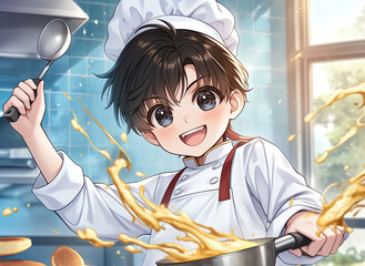 Woman in chef uniform cooking while chibi anime chef character flips pancakes in a bright kitchen setting with utensils and ingredients around