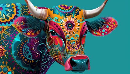 Obraz premium Vibrant portrait of a cow adorned in ornate, colorful patterns. A stunning display of digital art.