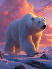 Majestic Polar Bear Walking in Vibrant Sunset over Snowy Landscape