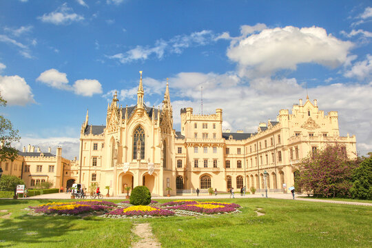 Lednice, Czech Republic. Beautiful view of Lednice Castle, built in neo-Gothic, Tudor Gothic style, Lednice and Valtice area, South Moravia. Listed as UNESCO World heritage.