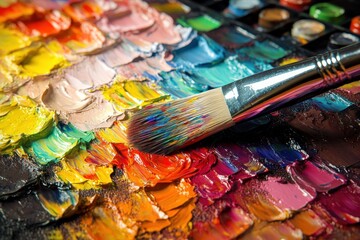 Fototapeta premium Vibrant oil paint palette with brushstrokes, showcasing a variety of colors. Perfect for projects related to art, creativity, and painting.
