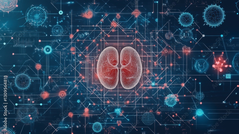Poster digital illustration of a brain surrounded by abstract technological elements, representing neurosci