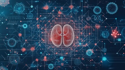 Obraz premium Digital illustration of a brain surrounded by abstract technological elements, representing neuroscience and advanced technology.
