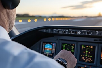Fototapeta premium In the cockpit, a pilot adjusts controls while preparing for a scenic flight, highlighting the balance of technology and human skill during the crucial takeoff phase at twilight.