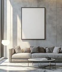 Modern living room interior with large blank canvas, beige sofa, marble coffee table, and concrete walls. Sunlight streams through large windows.