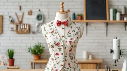 Obraz premium Elegant floral-patterned vest displayed on a mannequin in a cozy seamstress workshop, surrounded by sewing tools and fabrics.