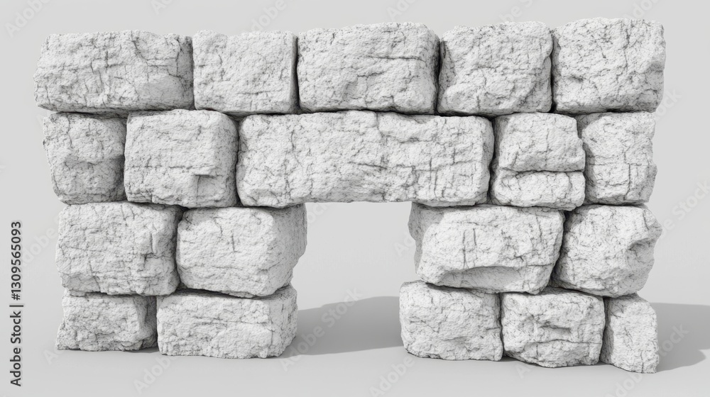 Poster white stone wall structure with rough textured blocks, creating an archway opening in the center aga