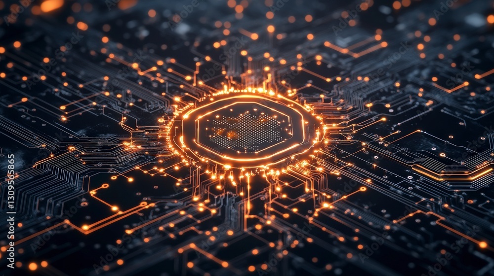 Poster abstract digital circuitry with glowing connections, resembling a futuristic microchip or processor 
