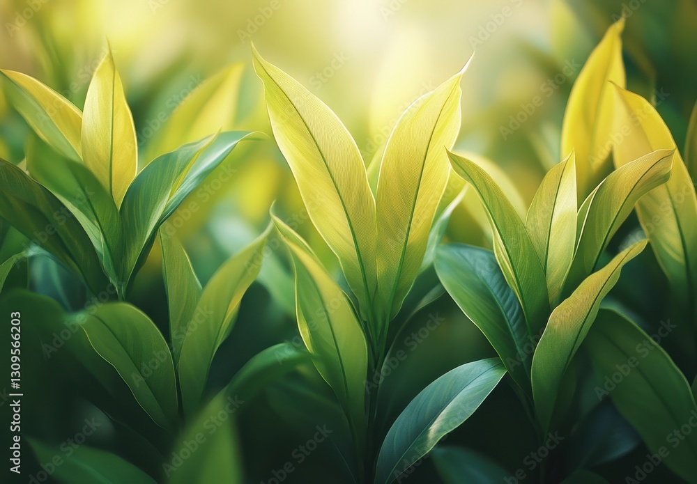 Poster lush green leaves with sunlight filtering through creating a warm and inviting atmosphere in a natur