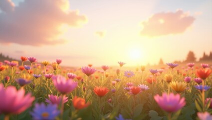 Obraz premium Vibrant Wildflower Meadow at Sunset Colorful Spring Flowers Nature Background