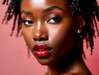Close-up of natural black hair in twists, with a warm pink background. Highlights on the skin add depth, while a gold earring adds elegance. Ideal for themes of beauty, culture, and hair care