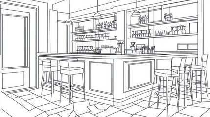 Interior design sketch of a bar,  modern style.  Possible use architecture project