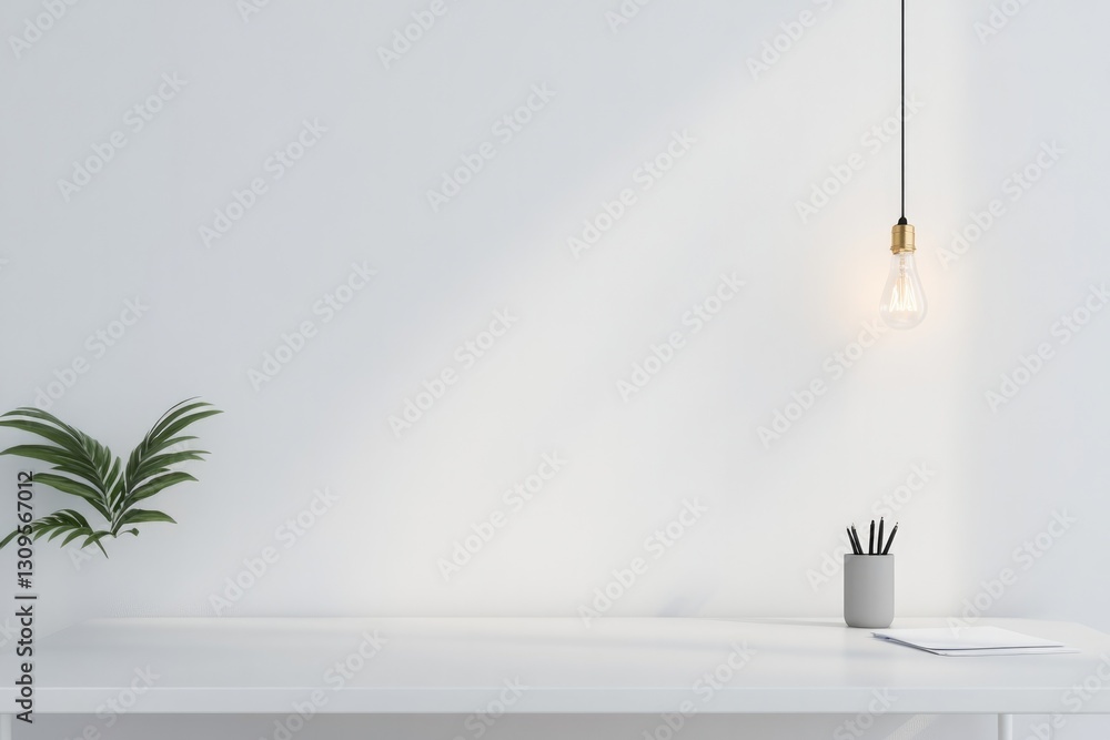 Aufkleber simple white desk with single light bulb hanging above it casting soft shadow ample copy space