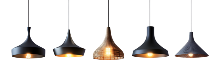 Set of minimalist hanging lamps isolated on transparent background. Front view of modern minimalist pendant hanging lamp for home interior decoration elements. Generative AI