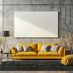Modern living room interior with mustard yellow sofa and blank canvas.