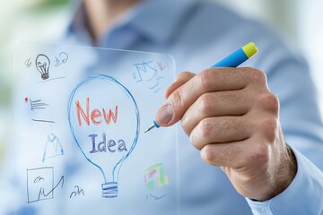 Fototapeta premium Businessman Writing New Idea on Transparent Screen with Blue Pen in Bright Office Setting