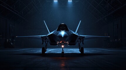F-35 Lightning II stealth fighter jet parked in a dimly lit hangar, showcasing its sleek nose and cockpit.