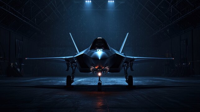 F-35 Lightning II stealth fighter jet parked in a dimly lit hangar, showcasing its sleek nose and cockpit.