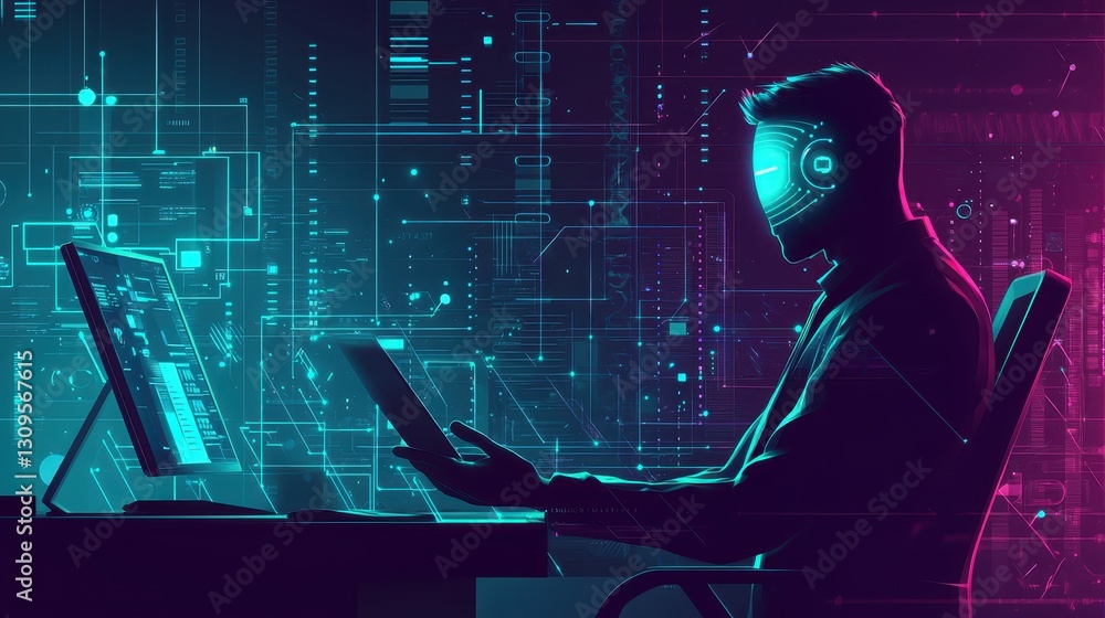 Aufkleber virtual reality programmer engaged in tech development futuristic office digital art nighttime side 