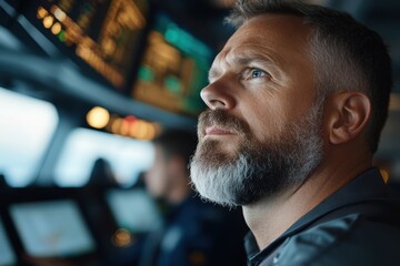 Obraz premium A pensive male professional gazing thoughtfully into the distance, reflecting on insights and strategies while surrounded by high-tech screens in a collaborative work environment.
