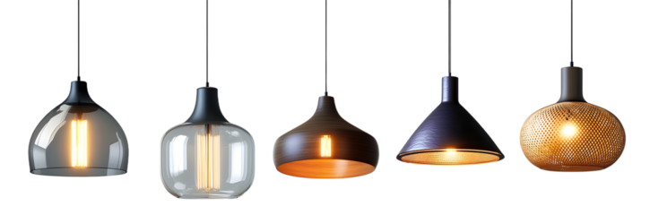 Set of minimalist hanging lamps isolated on transparent background. Front view of modern minimalist pendant hanging lamp for home interior decoration elements. Generative AI