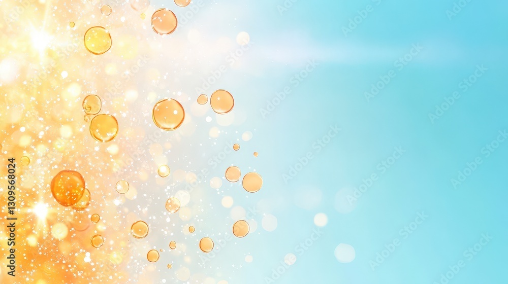 Poster bright golden bubbles float against a soft blue background, creating a dreamy and uplifting atmosphe