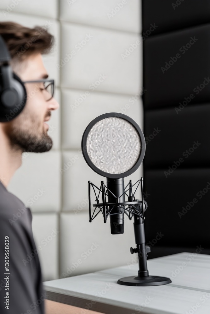 Aufkleber capture minimalist and clean illustration of professional studio recording setup in side view focusi