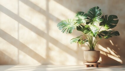Fototapeta premium Lush Green Monstera Plant in Pot with Natural Light and Soft Shadows on Minimalist Interior Background