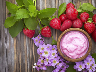 Strawberries and Yogurt , healthy breakfast set up with flowers 