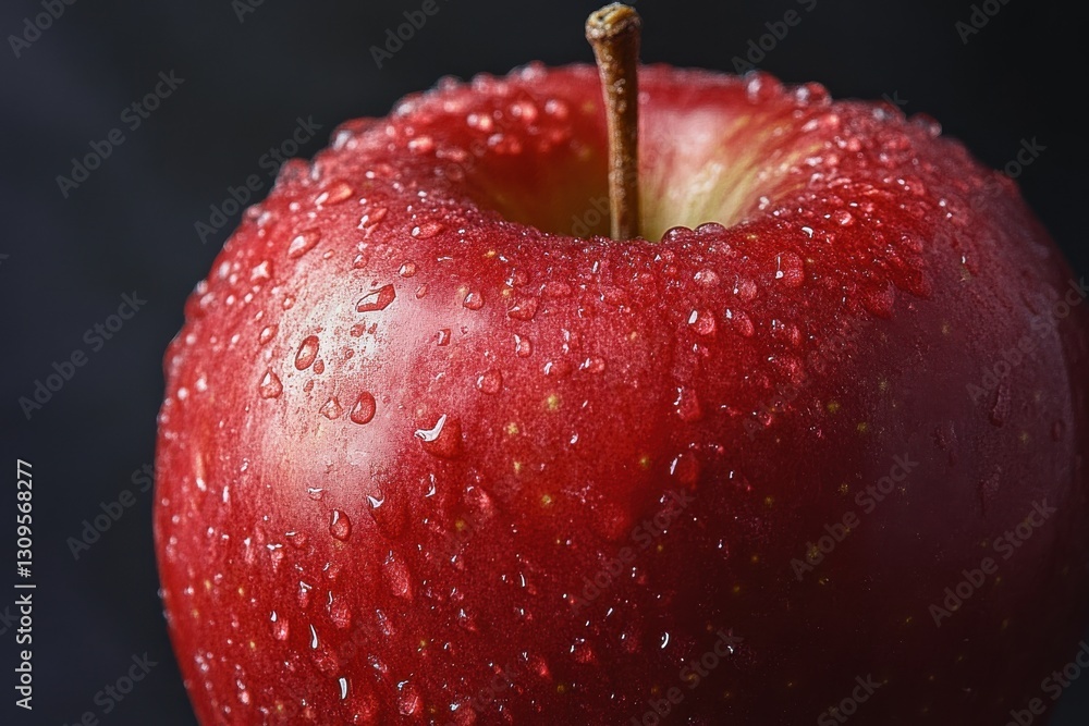 Poster freshly washed red apple with droplets glistening in soft light against a dark background