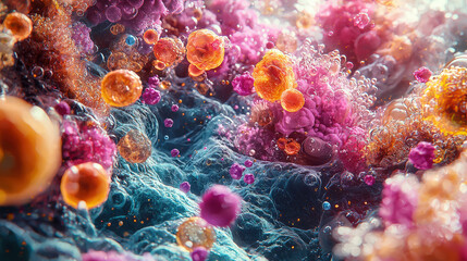 Dynamic microbial interactions in a colorful aquatic environment abstract science visualization vibrant colors