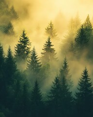 Obraz premium Ethereal Morning Mist Envelops Evergreen Forest Landscape