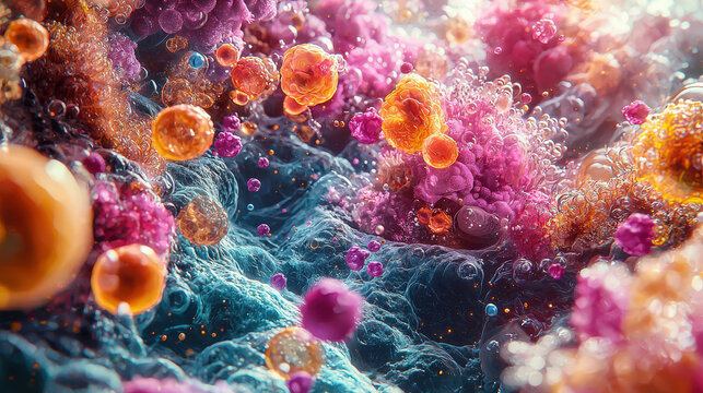 Dynamic microbial interactions in a colorful aquatic environment abstract science visualization vibrant colors
