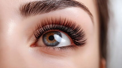 Obraz premium Beautiful close-up of a woman’s eye showcasing stunning eyelashes and striking blue-green iris tone with natural light