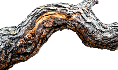 Twisted Dry Tree Branch with Rough Bark and Unique Texture Isolate on Transparent Background, cutout, png
