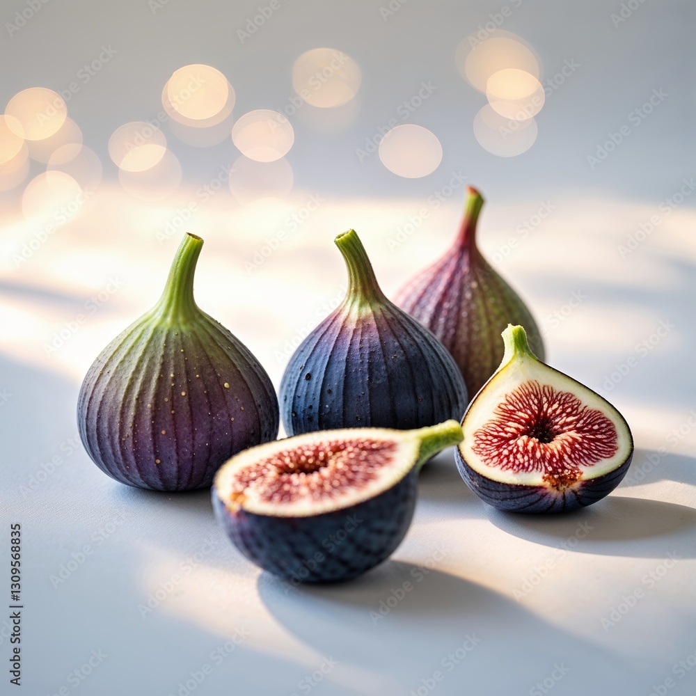 Poster fresh figs arranged aesthetically on a soft background with soft lighting creating a warm atmosphere