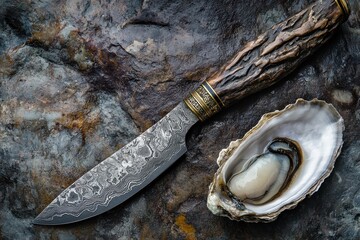 Unique knife displayed next to fresh oyster on a textured stone surface in natural lighting