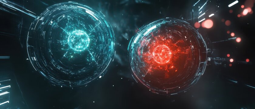 Scifi representation of quantum entanglement linking two futuristic AI systems