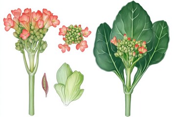 Illustration showing various parts of Kalanchoe plant with detailed labeling for educational purposes
