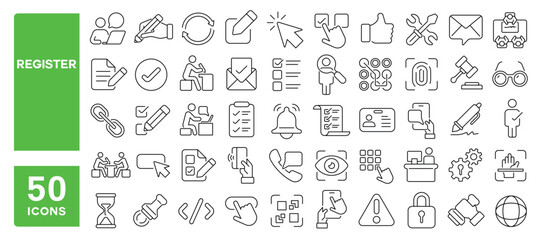 Set of 50 line icons related to register, sign up, signature, clipboard, checklist, compliance, pen, terms, agreement, membership, registration, Editable stroke. Vector illustration
