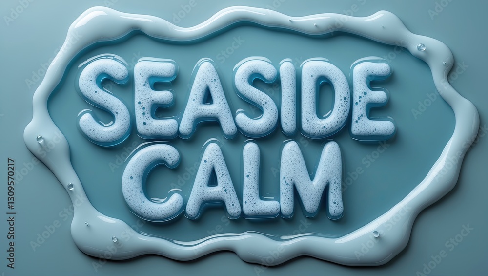 Poster bubble text reading 'seaside calm' surrounded by splashes of water, creating a serene coastal atmosp
