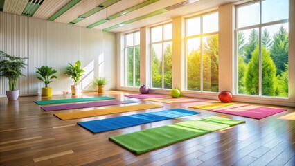 Fototapeta premium A serene yoga studio with vibrant colorful mats in a peaceful environment, soothing atmosphere , peaceful