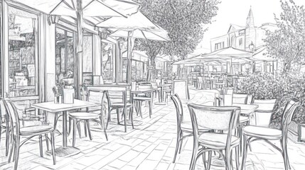 Outdoor cafe sketch, shaded tables, urban setting, relaxing atmosphere, use for advertising or design