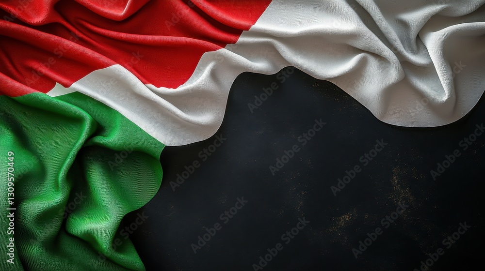 Poster elegant display of a fabric representation of the italian flag draped against a dark backdrop