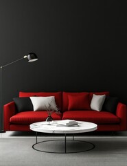Modern living room interior with red couch, white pillows, black accents, and a marble coffee table against a dark background.