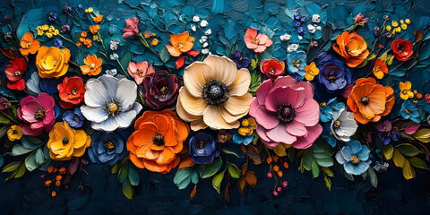 Oil painting impasto technique, abstract bright flowers acrylic on canvas. Print wall art, contemporary art