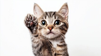 Obraz premium Funny tabby cat raising a paw with wide eyes, isolated on a bright white background.